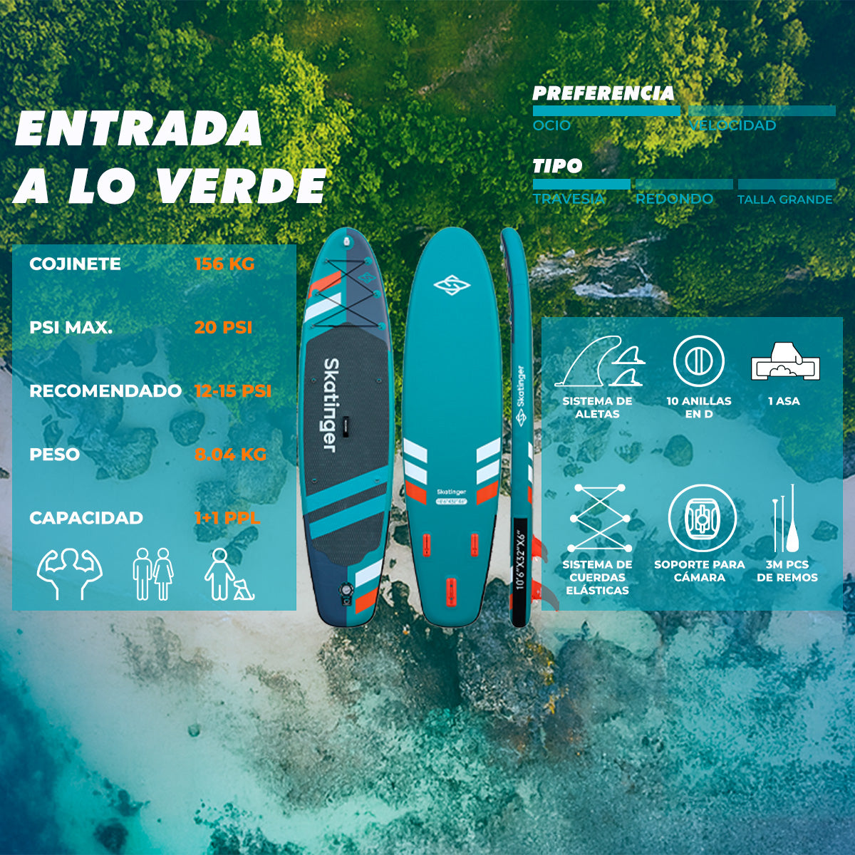 Skatinger Tabla De Remo Inflable Jade, 10´6 Pies X 6 X 32 Pu