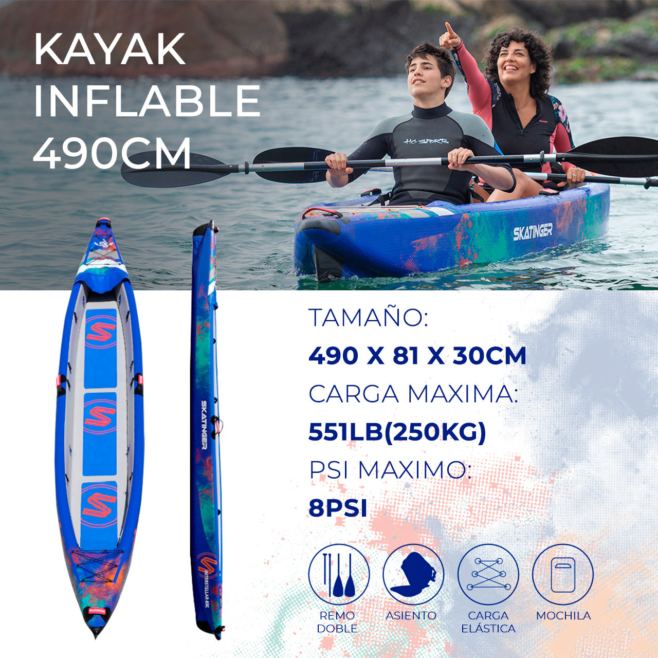Kayak Inflable Skatinger 490cm 3 Personas + Accesorios
