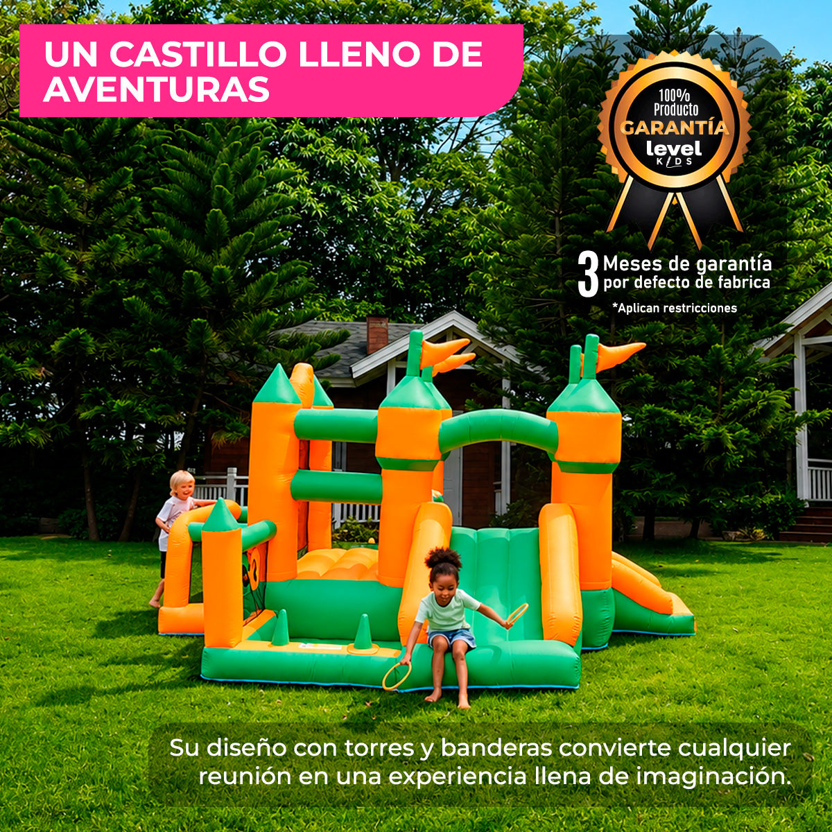Brincolín Inflable Infantil Grande Banderín con Soplador 450W para Jardín y Fiestas
