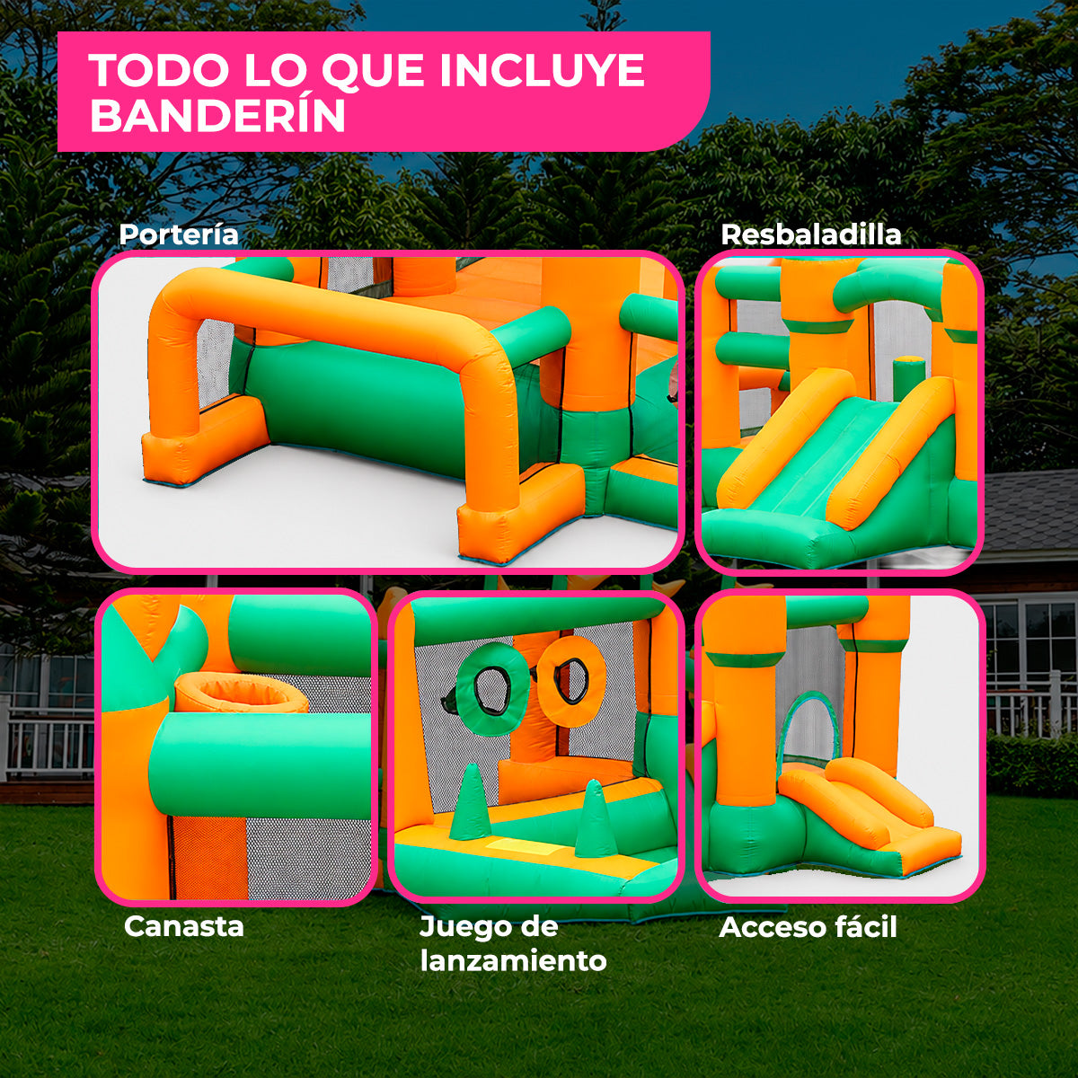 Brincolín Inflable Infantil Grande Banderín con Soplador 450W para Jardín y Fiestas