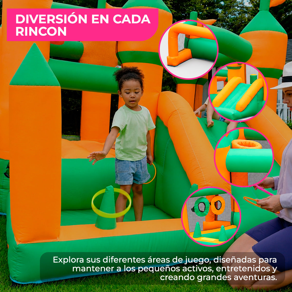 Brincolín Inflable Infantil Grande Banderín con Soplador 450W para Jardín y Fiestas