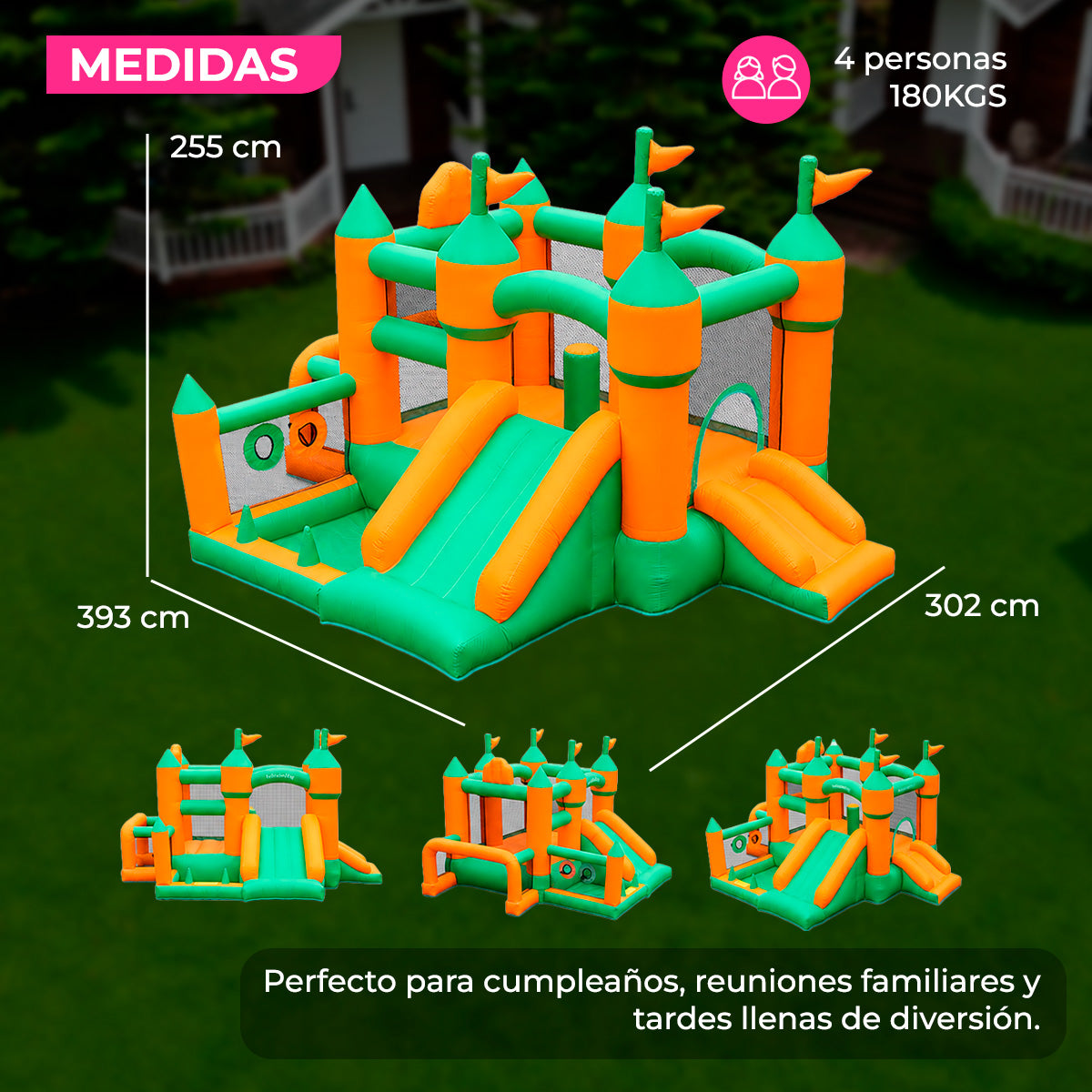 Brincolín Inflable Infantil Grande Banderín con Soplador 450W para Jardín y Fiestas