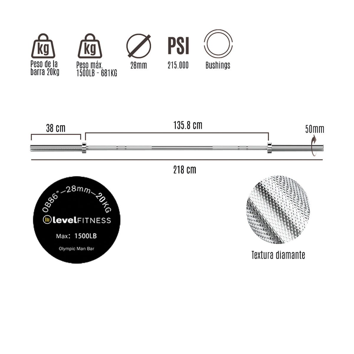 Barra Olímpica  RA 2.2m 20kg/45lbs Profesional Para Gym 1500lbs Color Cromado