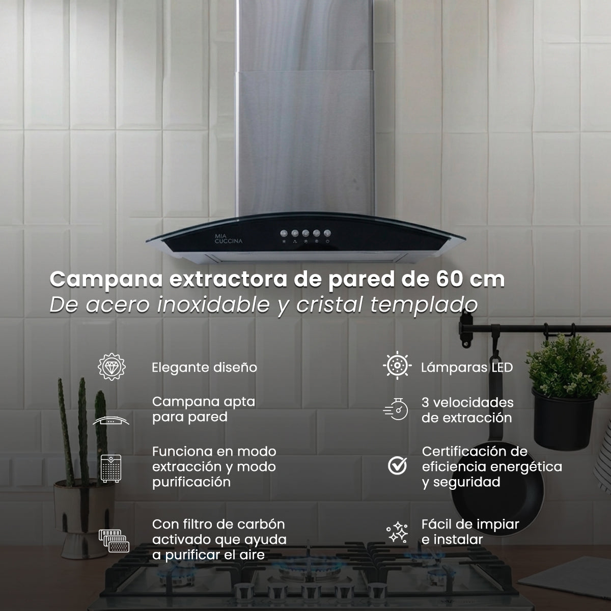 Campana extractora | Acero inoxidable y vidrio 60cm