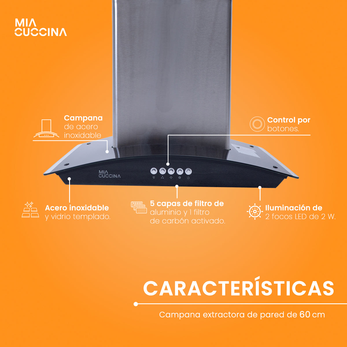 Campana extractora | Acero inoxidable y vidrio 60cm
