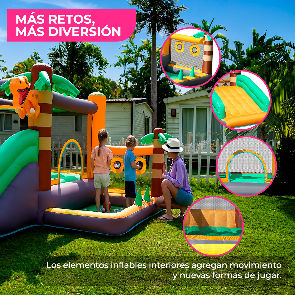 Brincolín Inflable Infantil Dinosafari con Soplador 350W y Accesorios para Jardín