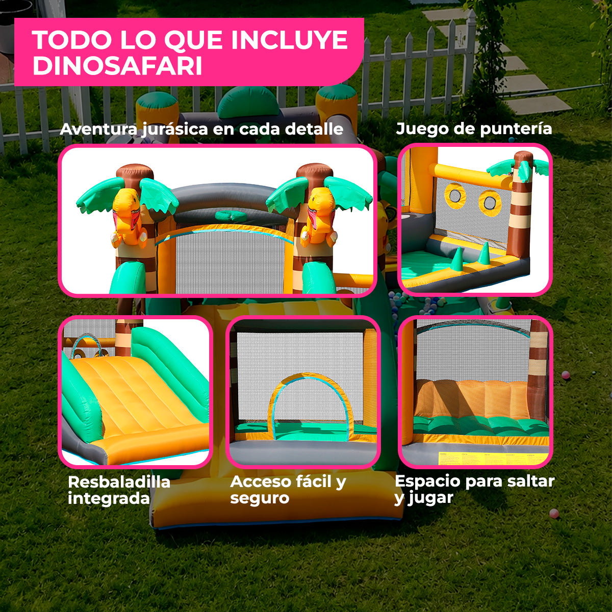 Brincolín Inflable Infantil Dinosafari con Soplador 350W y Accesorios para Jardín