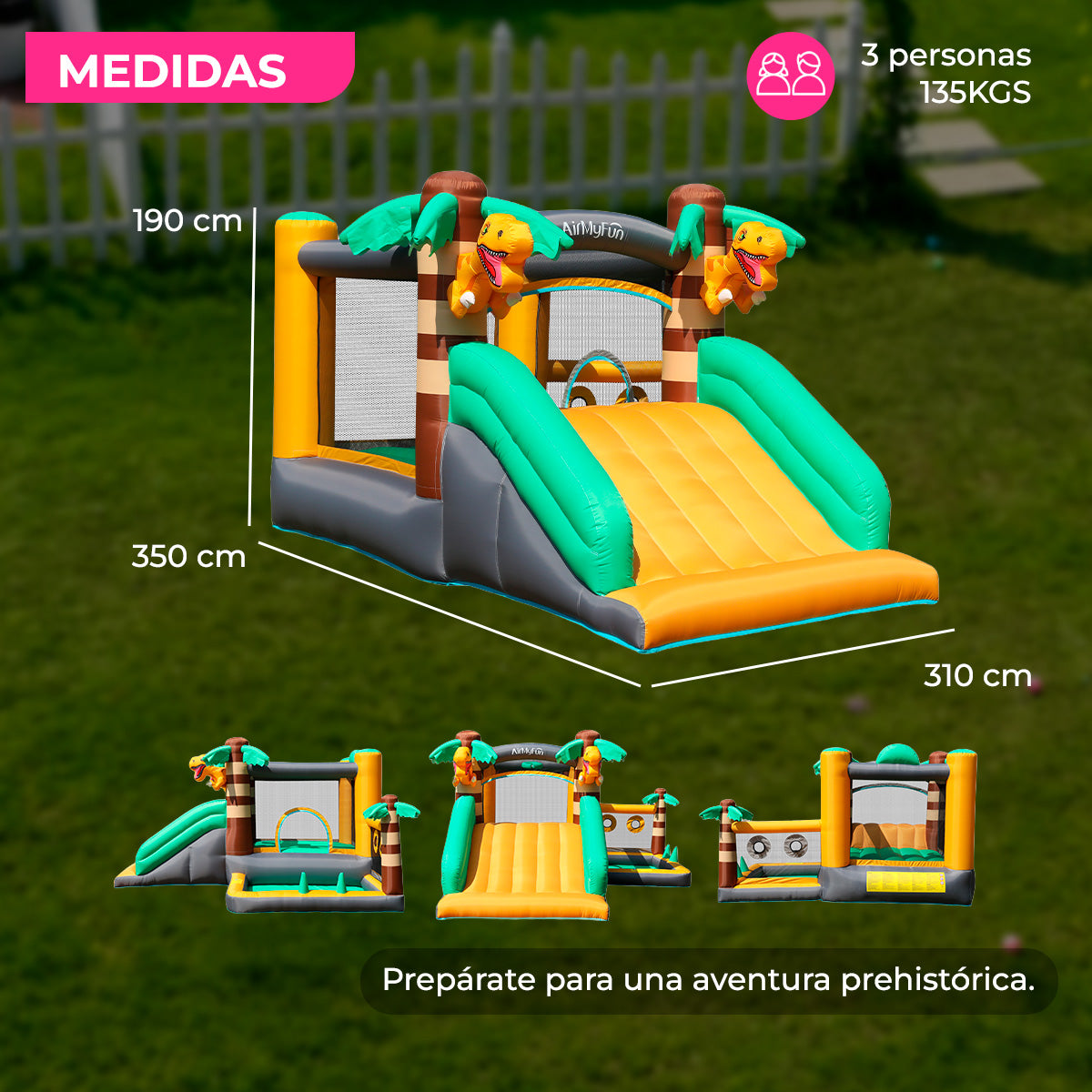 Brincolín Inflable Infantil Dinosafari con Soplador 350W y Accesorios para Jardín