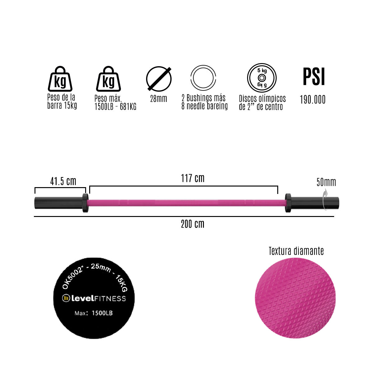 Barra Olimpica Cerakote Colores 15kg Crossfit