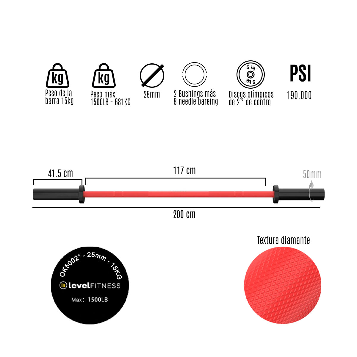Barra Olimpica Cerakote Colores 15kg Crossfit
