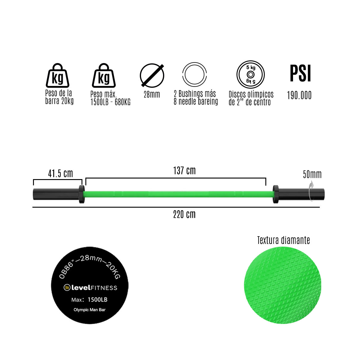 Barra Olimpica Cerakote Colores 45lb 20kg Crossfit