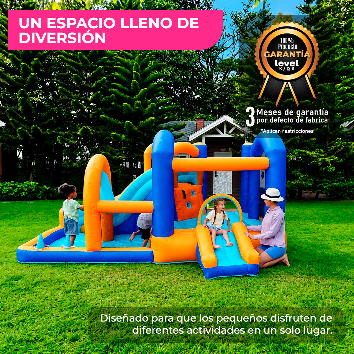 Brincolín Inflable Infantil Mini Resort con Tobogán, Resbaladilla y Soplador 450W