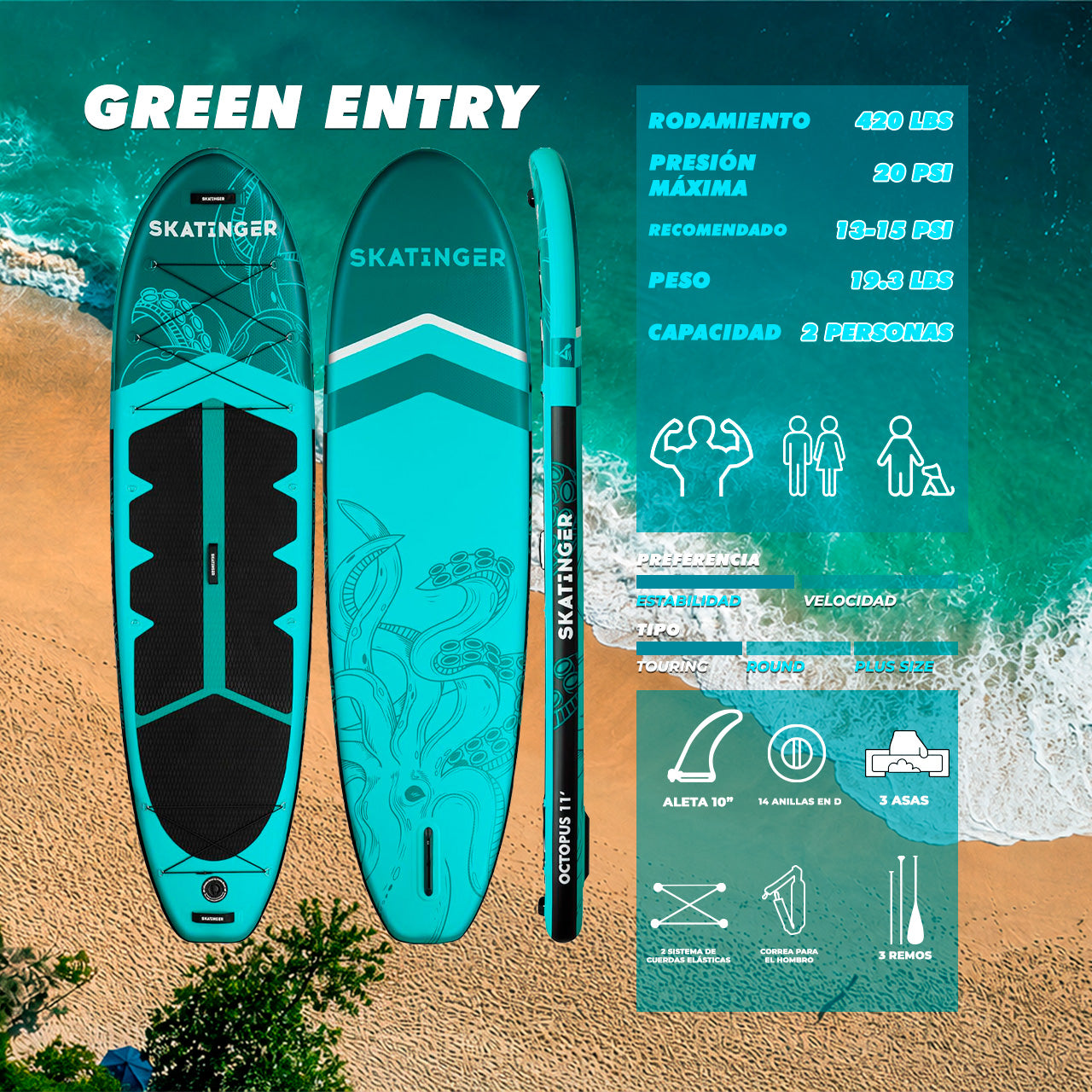 Paddle Board Inflable Octupus 11’ con Accesorios
