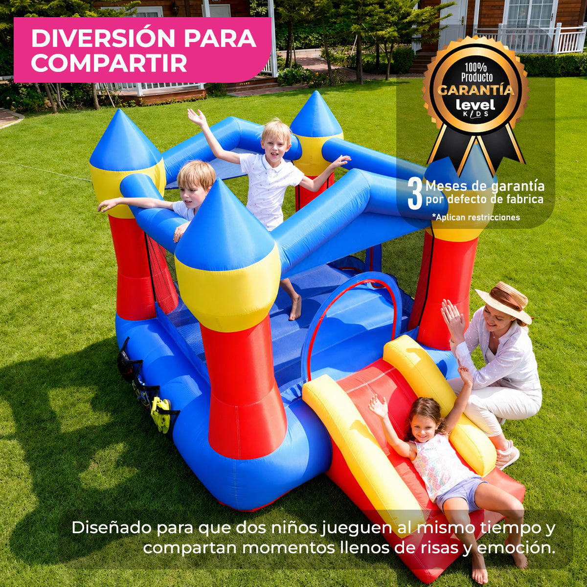 Castillo Inflable Infantil Reino Arcoíris con Soplador 350W para Jardín y Área de Juego
