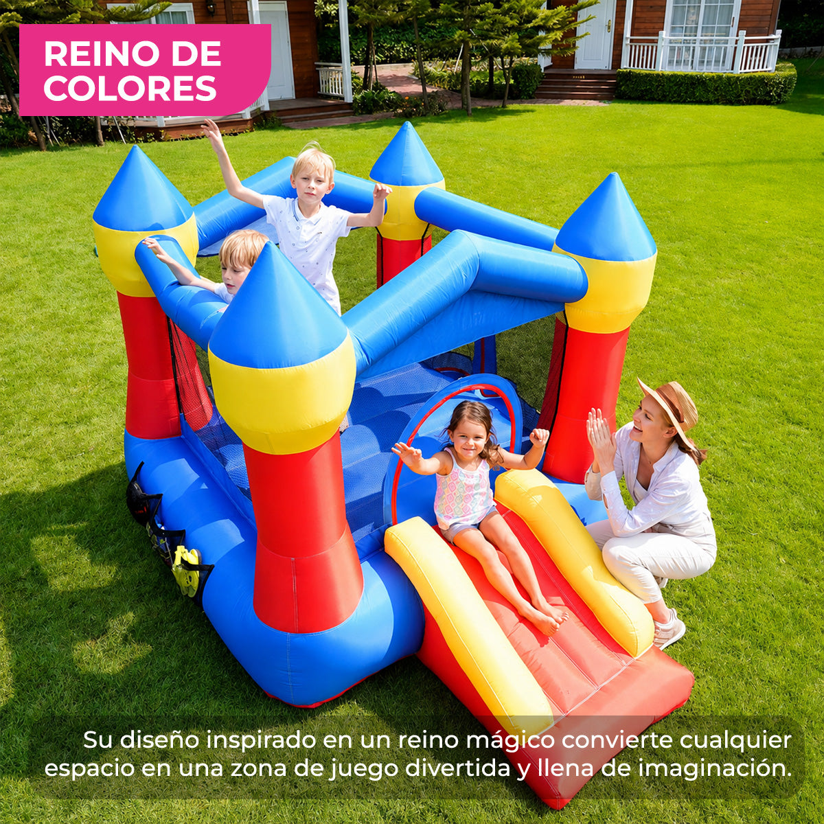 Castillo Inflable Infantil Reino Arcoíris con Soplador 350W para Jardín y Área de Juego