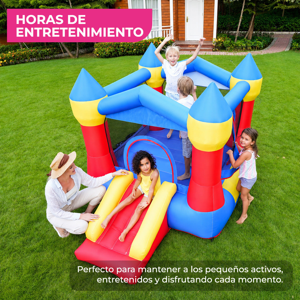 Castillo Inflable Infantil Reino Arcoíris con Soplador 350W para Jardín y Área de Juego