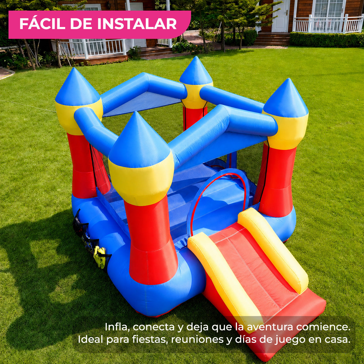 Castillo Inflable Infantil Reino Arcoíris con Soplador 350W para Jardín y Área de Juego