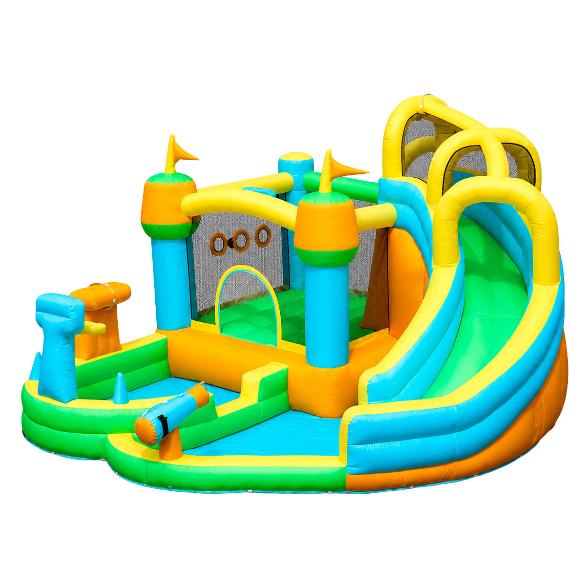 Brincolín Inflable Acuático Infantil Reino Mágico con Tobogán, Resbaladilla y Agua, Soplador 450W