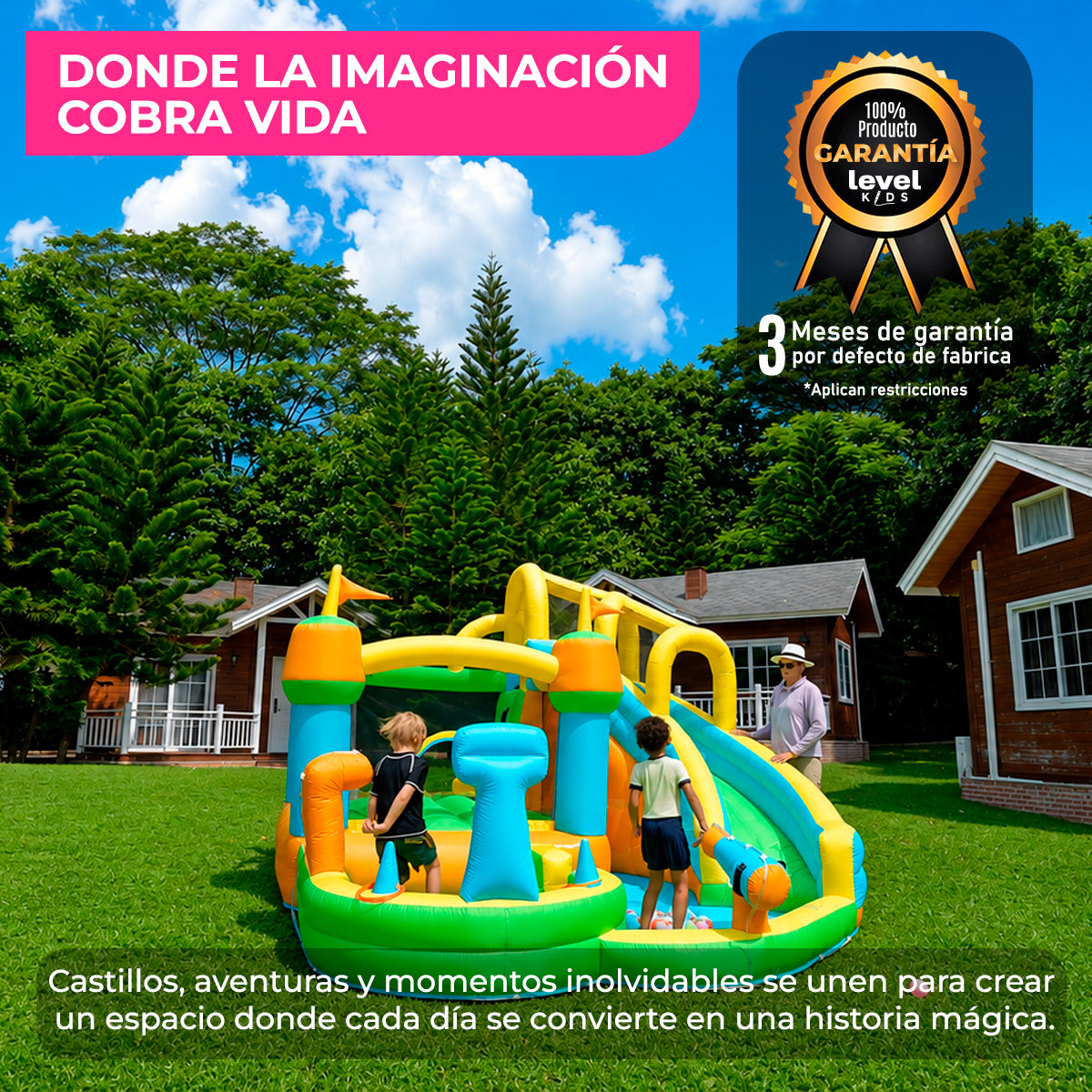 Brincolín Inflable Acuático Infantil Reino Mágico con Tobogán, Resbaladilla y Agua, Soplador 450W