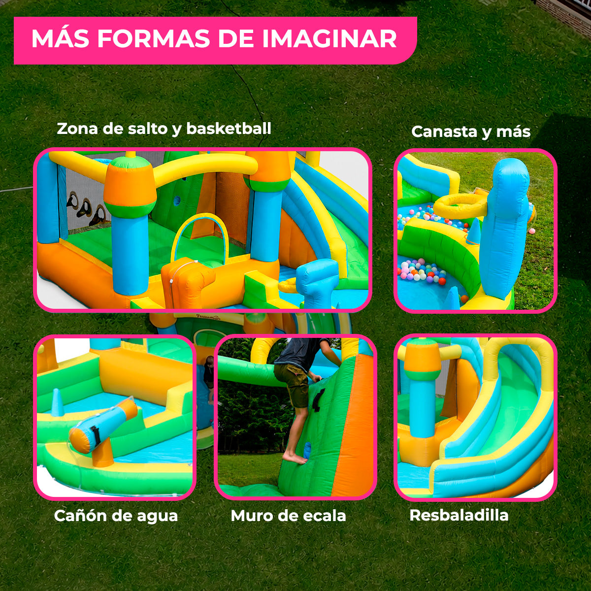 Brincolín Inflable Acuático Infantil Reino Mágico con Tobogán, Resbaladilla y Agua, Soplador 450W