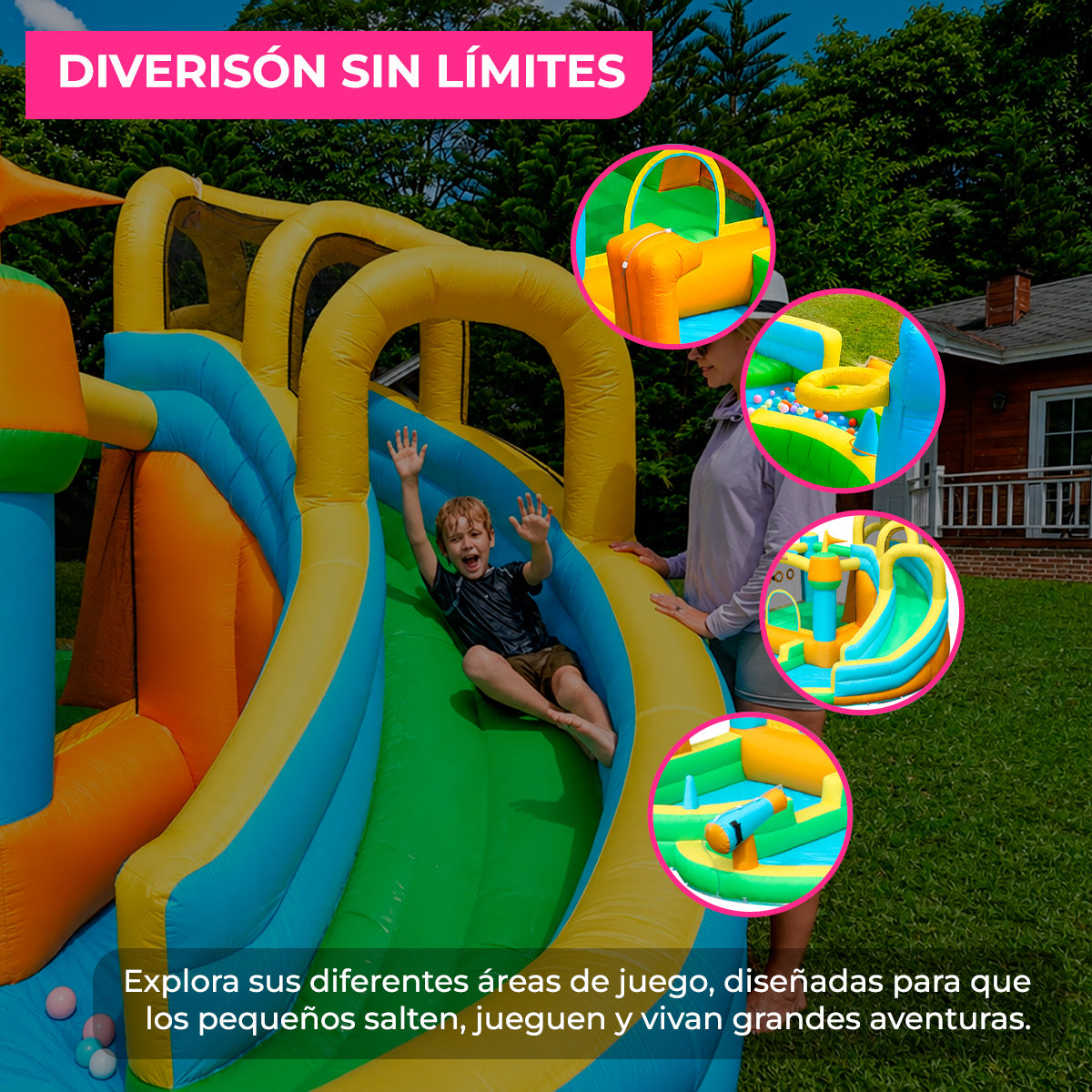 Brincolín Inflable Acuático Infantil Reino Mágico con Tobogán, Resbaladilla y Agua, Soplador 450W