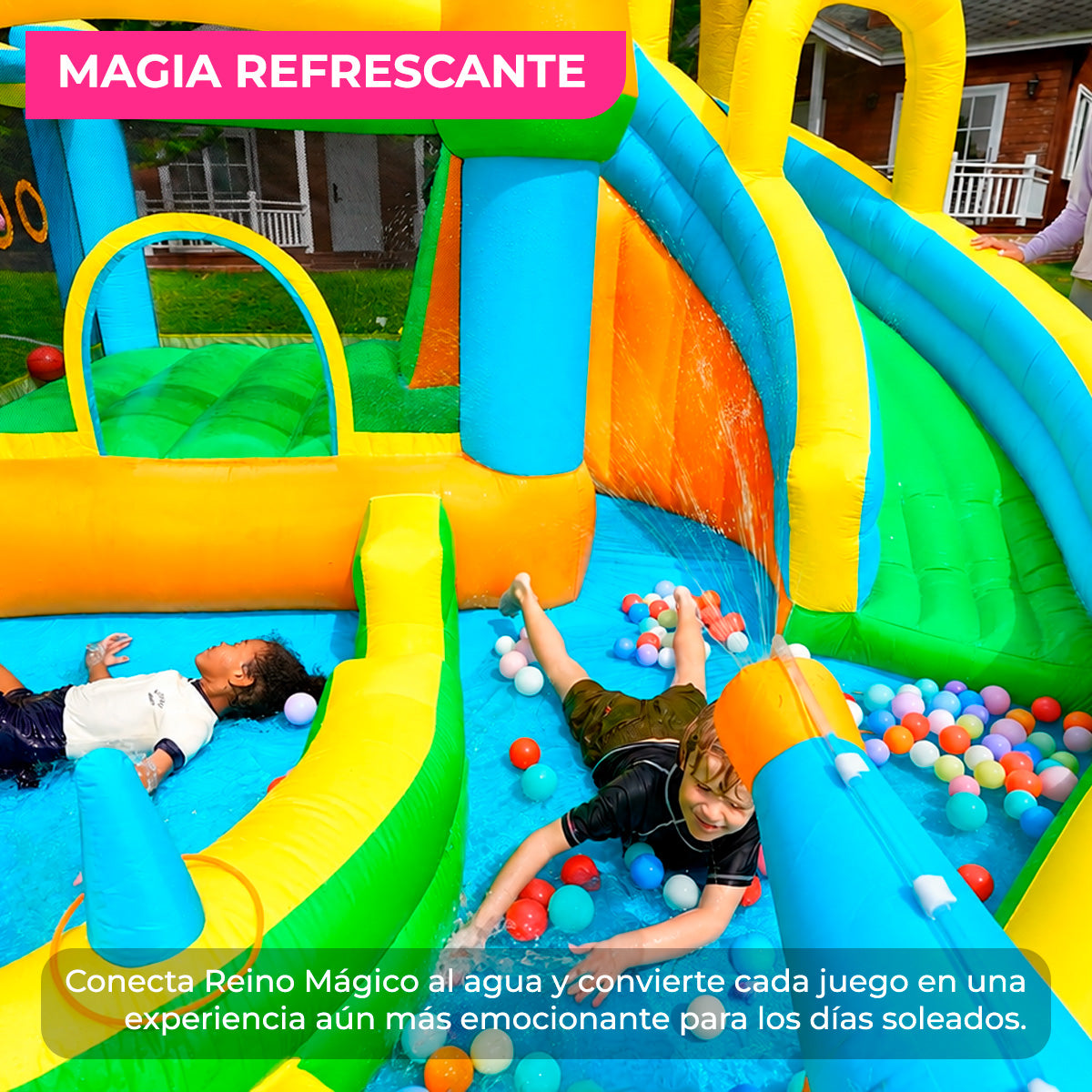 Brincolín Inflable Acuático Infantil Reino Mágico con Tobogán, Resbaladilla y Agua, Soplador 450W