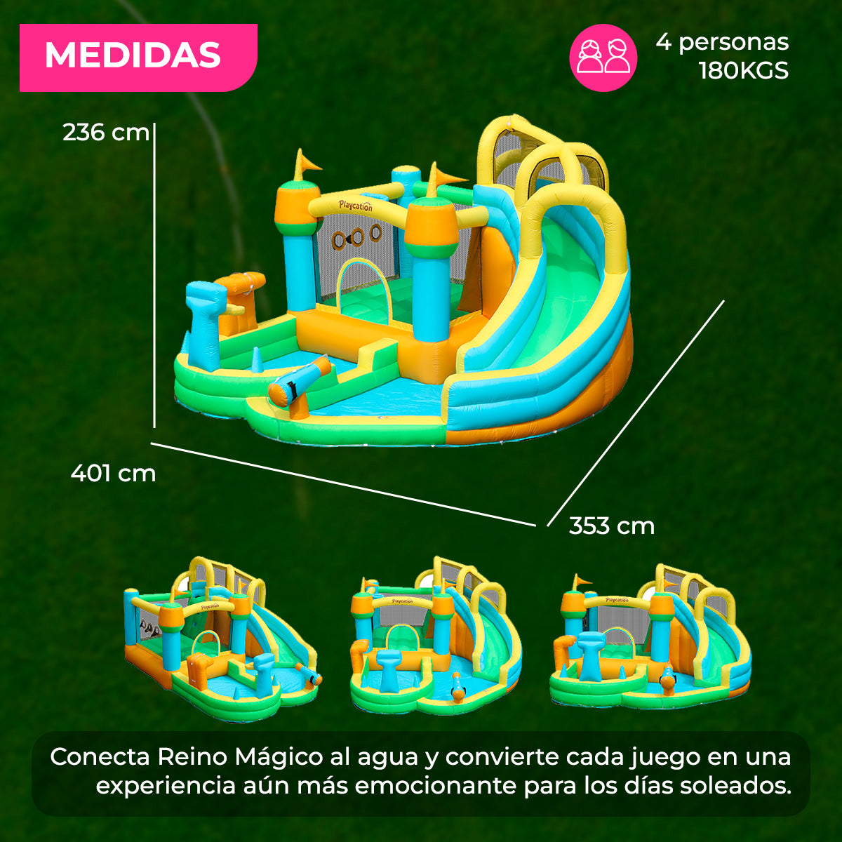 Brincolín Inflable Acuático Infantil Reino Mágico con Tobogán, Resbaladilla y Agua, Soplador 450W
