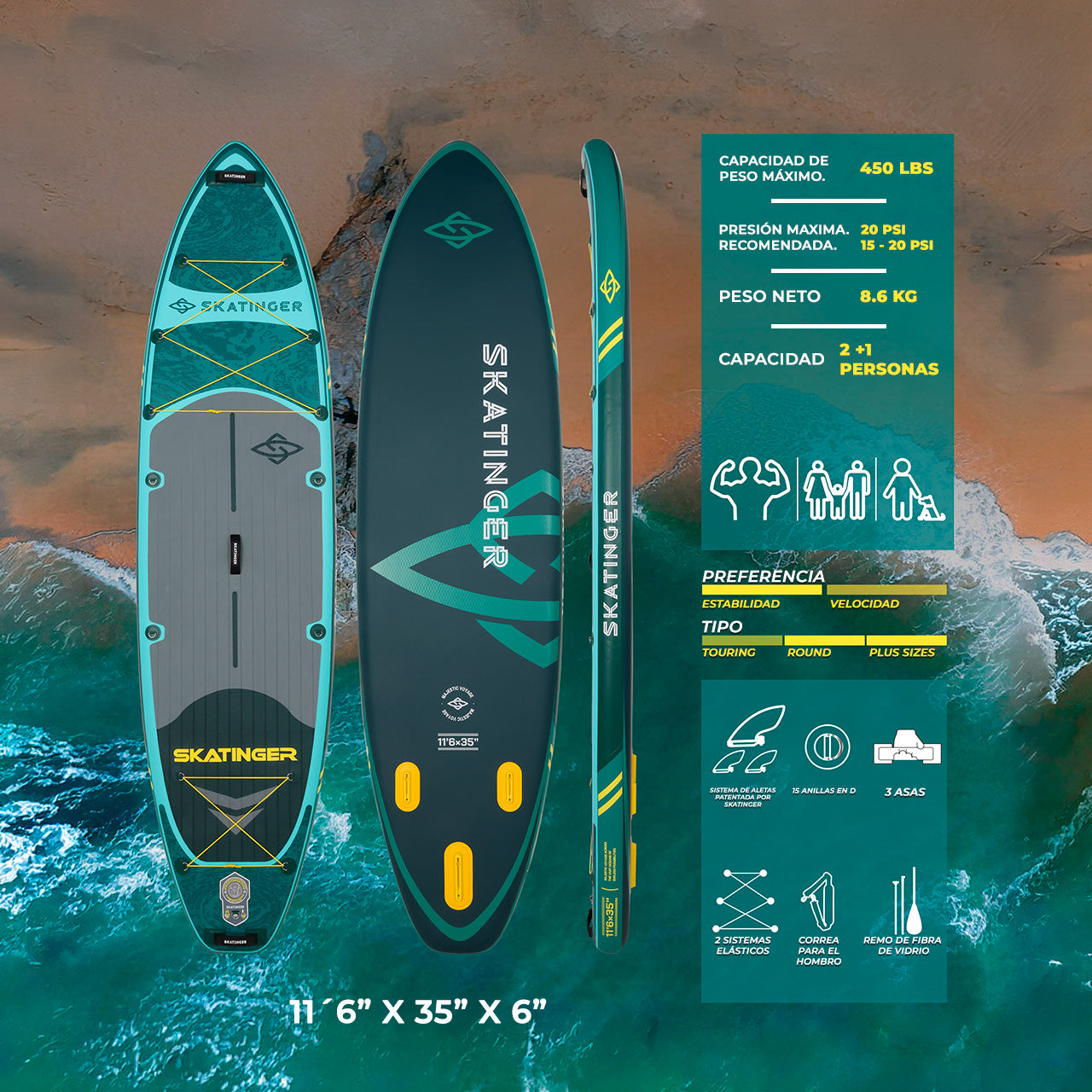 Paddle Board Inflable Wave Green / Silver 2026 11’6” con Accesorios