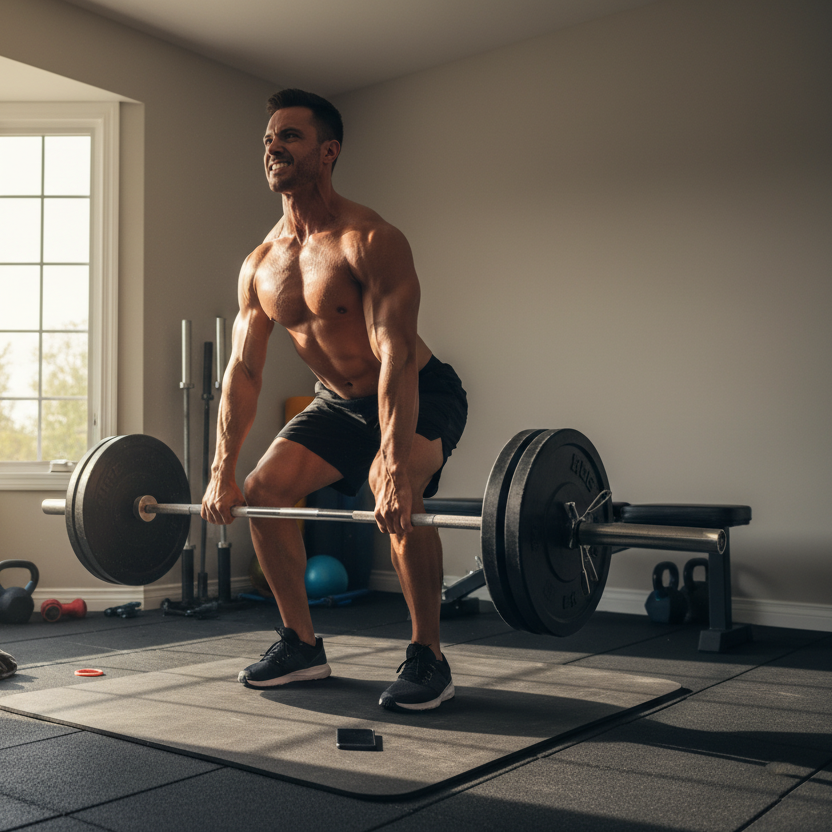 man having a training session at home with heavy lifts