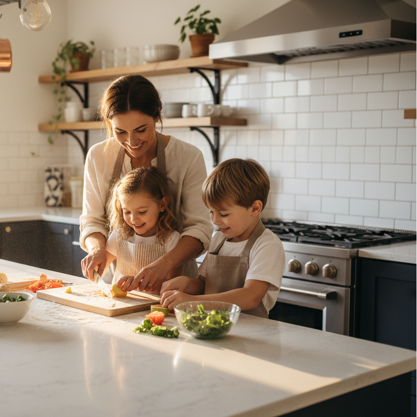 woman and kids cooking in the kitchen
